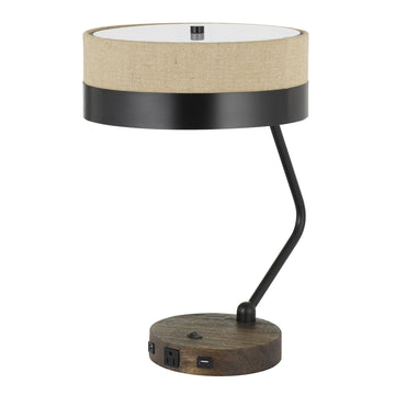Metal Two Light Desk USB Table Lamp With Beige Drum Shade - Black / Brown