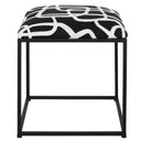 Uttermost Twists and Turns Fabric Accent Stool – Black – cushioned seat with black and white embroidered fabric atop matte black iron base