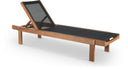Tulum Water-Resistant Outdoor Patio Lounger – teak frame with water-resistant mesh fabric in black or off-white
