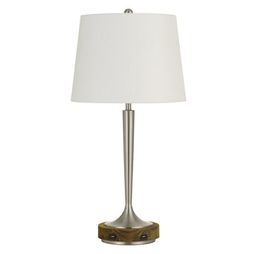 Metal USB Table Lamp With Off-White Empire Shade - Nickel