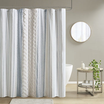 Imani - Cotton Printed Shower Curtain With Chenille - White / Navy