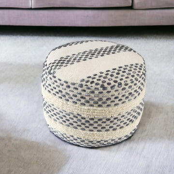 Cotton Blend Round Striped Pouf Ottoman - Ivory And Blue