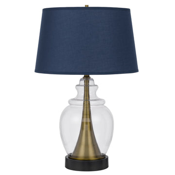 Glass Table Lamp With Navy Blue Empire Shade - Antiqued Brass