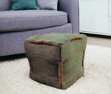 Jute Cube Pouf Ottoman - Green And Brown