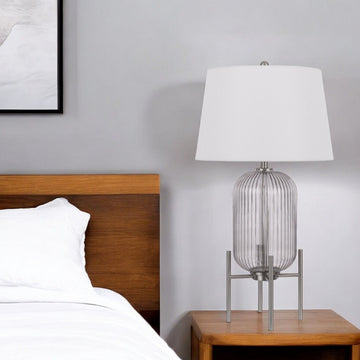 Glass Round Table Lamp With White Empire Shade - Nickel