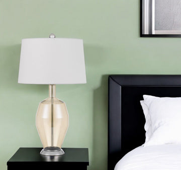 Metal Round Table Lamp With White Drum Shade - Nickel