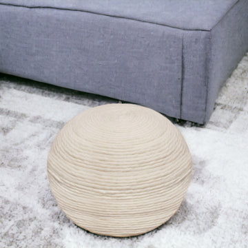 Wool Round Ribbed Pouf Ottoman - Ivory