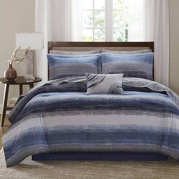 Saben - Full 9 Piece Comforter Set With Bed Sheets - Navy
