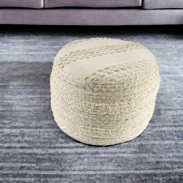 Cotton Blend Round Striped Pouf Ottoman - Natural And Ivory