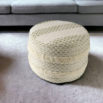 Cotton Blend Round Striped Pouf Ottoman - Ivory And Green