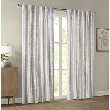 Samara - 50x95" Poly Printed Curtain Panel With Tufted Stripe And Lining - White / Brown