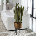 Uttermost Fasita Brass Planter (Set of 2) – Green faux snake plants in antique brass pots with matte black metal stands