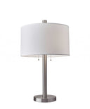 Metal Two Light Bedside Table Lamp With White Drum Shade - Silver