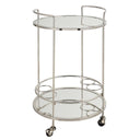 Uttermost Spritz Chrome Bar Cart – polished chrome frame with dual mirrored shelves and rolling casters