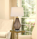 Metal Geometric Table Lamp With Off - White Empire Shade - Gray - HomeRoots - Table Lamps - Elite Enclave Home
