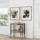 Uttermost Kentmore Modern Bar Cart – matte black and brushed gold iron frame with two tempered glass shelves and rolling casters
