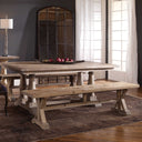 Uttermost Stratford Salvaged Wood Bench – solid salvaged fir lumber with carved trestle base and stony gray wash finish 