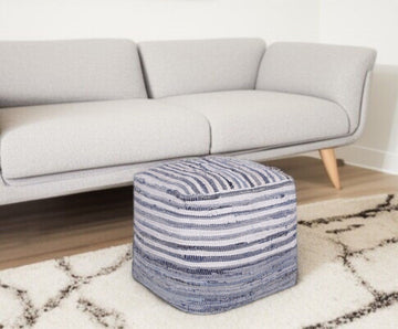 Cotton Cube Striped Pouf Ottoman - Blue