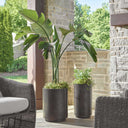 Uttermost Volcan Matte Bronze Outdoor Planters – set of two cylindrical planters with matte bronze iron finish 