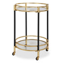Uttermost Dolly Round Bar Cart – matte black iron with soft gold-leaf accents, two glass shelves & rolling locking casters 