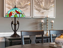 Two Light Tiffany Table Lamp With Aqua And Red Floral Shade - Bronze - HomeRoots - Table Lamps - Elite Enclave Home