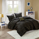Rosalie - 3 Piece Twin/Twin Long Metallic Printed Plush Comforter Set With Throw Pillow - Black/Gold