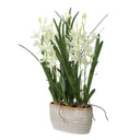 Uttermost Ariana Orchid Planter – cream cymbidium orchids in textured tan glazed ceramic planter with lush green foliage 