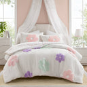 Gracie - Floral Reversible Tufted Chenille Duvet Cover Set - White / Purple