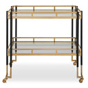 Uttermost Kentmore Modern Bar Cart – matte black and brushed gold iron frame with two tempered glass shelves and rolling casters