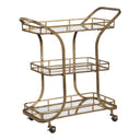 Uttermost Stassi Gold Serving Cart – hand-forged iron frame with antiqued gold finish and three mirrored tray-style shelves