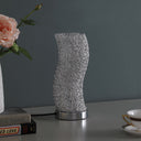 Bedside Table Lamp With Silver Swirl Novelty Shade - Silver