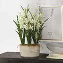 Uttermost Ariana Orchid Planter – cream cymbidium orchids in textured tan glazed ceramic planter with lush green foliage 