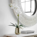 Uttermost Cami Orchid with Brass Pot – white faux orchids with reindeer moss accents in hammered brass pot