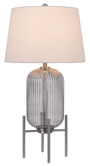 Glass Round Table Lamp With White Empire Shade - Nickel