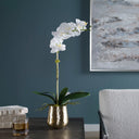 Uttermost Cami Orchid with Brass Pot – white faux orchids with reindeer moss accents in hammered brass pot