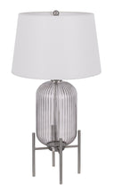 Glass Round Table Lamp With White Empire Shade - Nickel