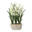 Uttermost Ariana Orchid Planter – cream cymbidium orchids in textured tan glazed ceramic planter with lush green foliage 