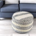 Cotton Blend Round Striped Pouf Ottoman - Ivory And Blue