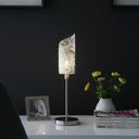 Bedside Table Lamp With White Swirl Novelty Shade - Silver