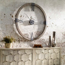 Uttermost Marcelo Modern Wall Clock – Light Brown – natural stained fir wood frame with hand-forged aged iron Roman numerals and floating center dial