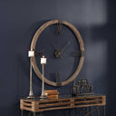 Uttermost Marcelo Modern Wall Clock – Light Brown – natural stained fir wood frame with hand-forged aged iron Roman numerals and floating center dial