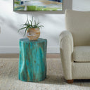 Uttermost Habitat Accent Stool – Blue – handcrafted tamarind wood with rich blue-green stain and dramatic spalting