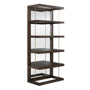 Uttermost Kai Etagere – Dark Walnut oak wood etagere with gold iron accents and mirrored back