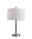 Metal Two Light Bedside Table Lamp With White Drum Shade - Silver