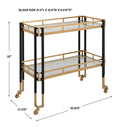 Uttermost Kentmore Modern Bar Cart – matte black and brushed gold iron frame with two tempered glass shelves and rolling casters