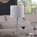 Cut Faux Crystal Glam Table Lamp With White Classic Drum Shade - Clear