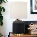 15" Ceramic Cylinder Table Lamp With White Drum Shade - Black And Gold