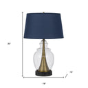 Glass Table Lamp With Navy Blue Empire Shade - Antiqued Brass