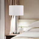 Metal Two Light Cylinder USB Table Lamp With White Drum Shade - Nickel