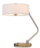 Metal Two Light Lantern Desk USB Table Lamp With White Drum Shade - Brown
